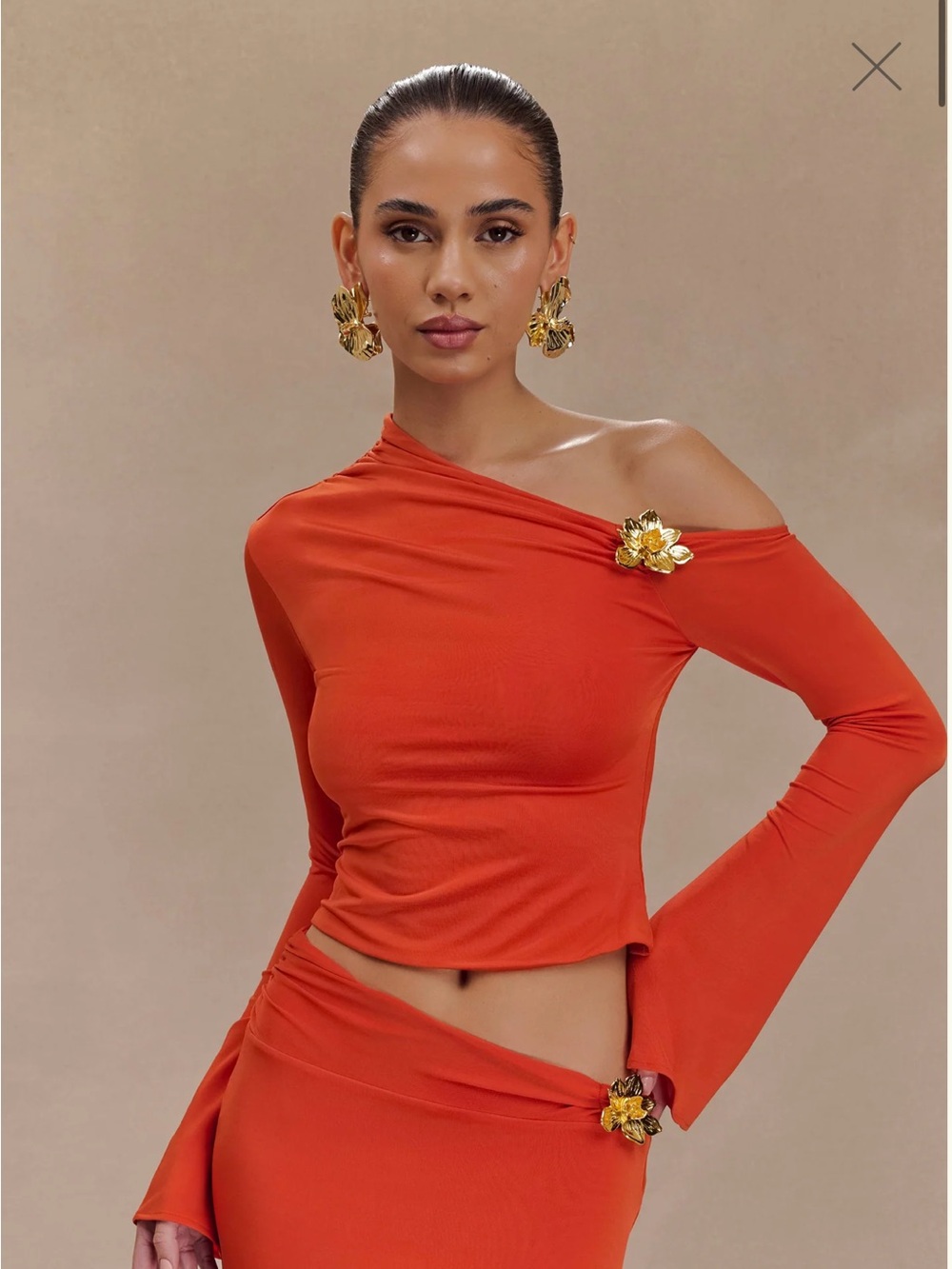Brand New One-Shoulder Top with Floral Brooch Detail